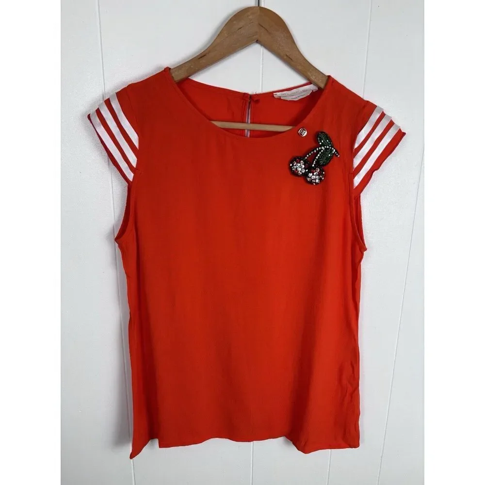 Roberta Biagi Vermillion Orange Cap‎ Sleeve Top With Rhinestone Embellishment